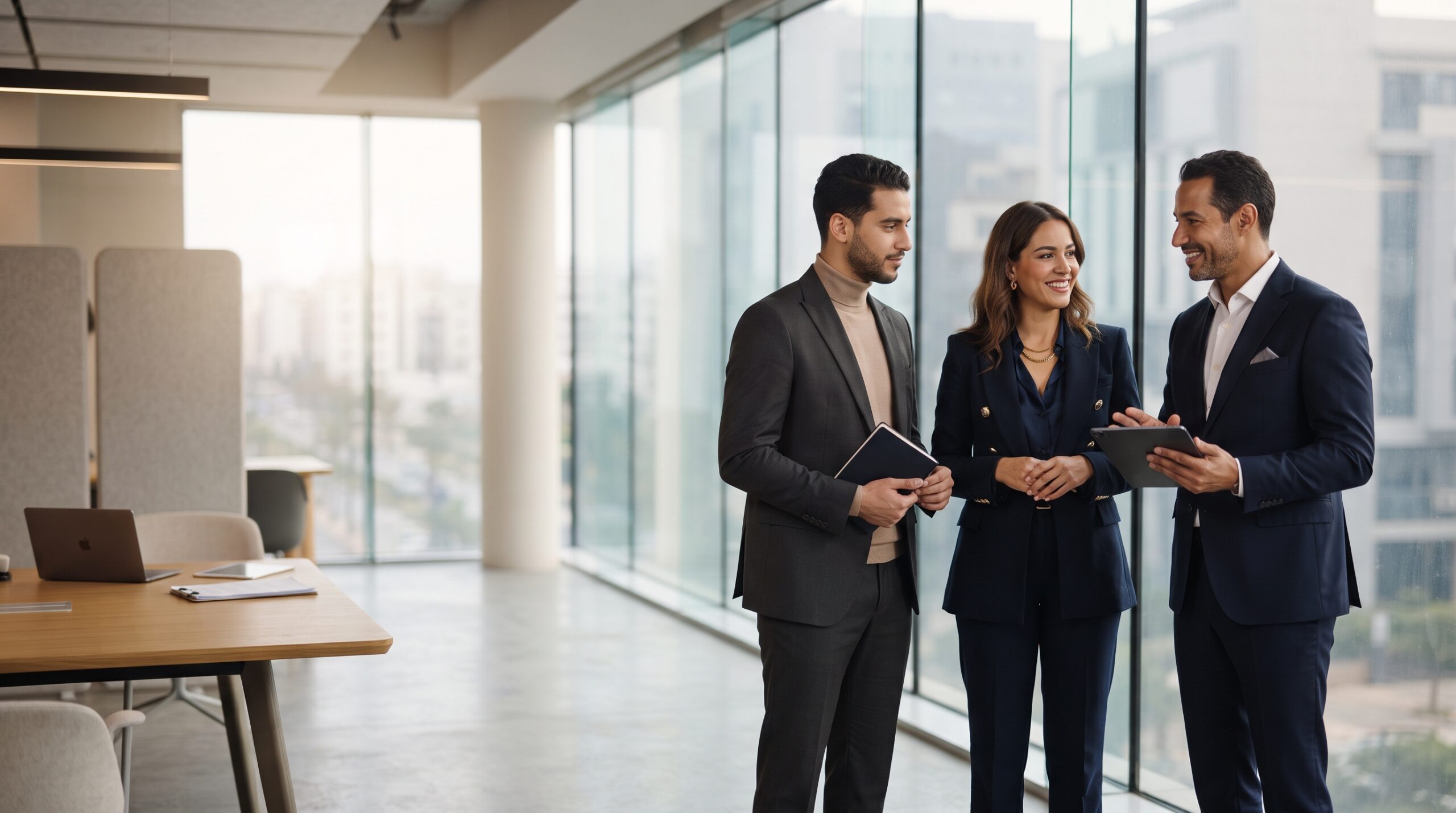 Trois dirigeants échangeant dans un bureau moderne